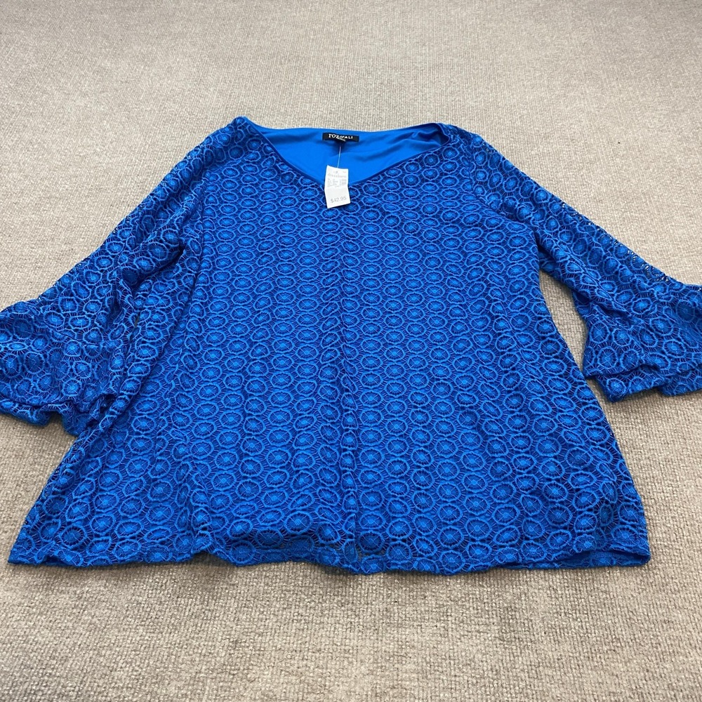 Roz And Ali Shirt Womens 1X Blue Crochet Lace Bell Sleeve V Neck Tunic Top NWT